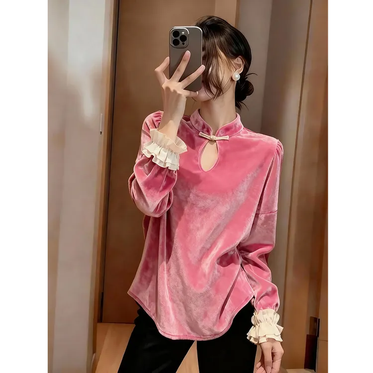 新中式盘扣国风丝绒拼接衬衫女春秋季内搭可外穿打底衫高级感上衣