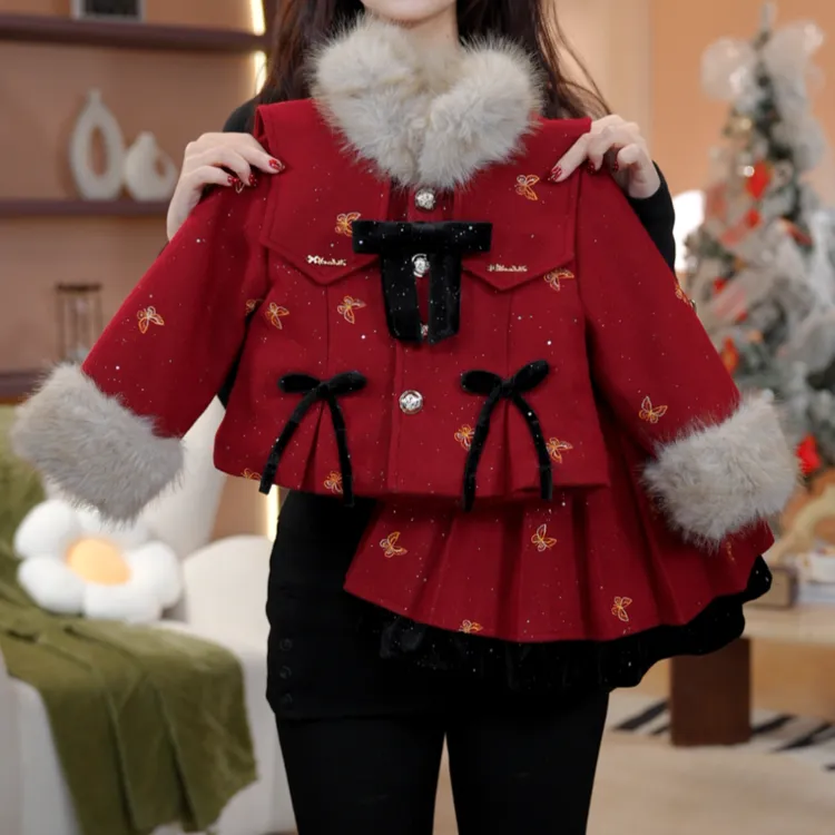 【笙箫】女童秋冬加绒加厚英伦女孩呢子长袖裙子小香风套装DS20095