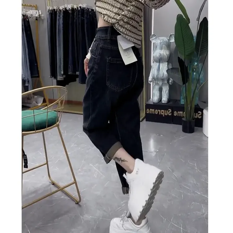 大码高腰哈伦牛仔裤女2025秋冬新款胖mm加绒弹力显瘦九分老爹裤