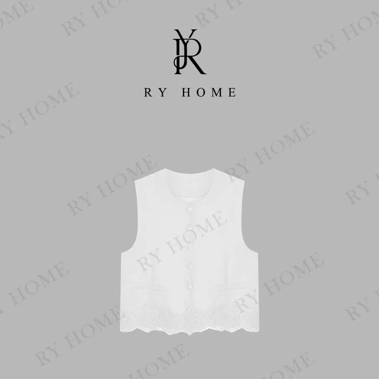 【容雨RYHOME】100亚麻＋无袖单排扣拼接蕾丝马甲252MJ1533