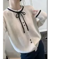 波浪领法式小香风针织开衫女毛衣外套蝴蝶结上衣
