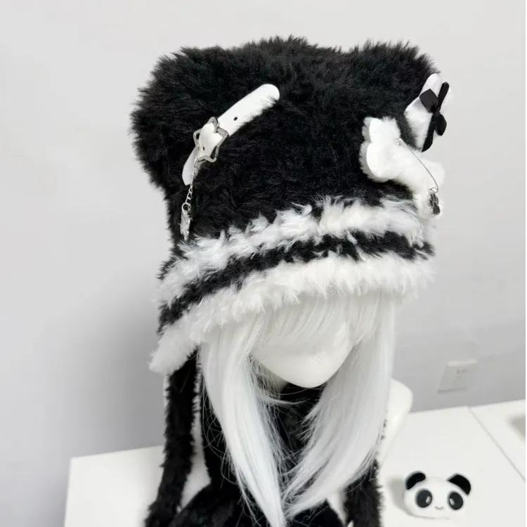 原创亚文化小熊帽可爱十字架星星毛线帽小众暗黑风秋冬针织毛线帽