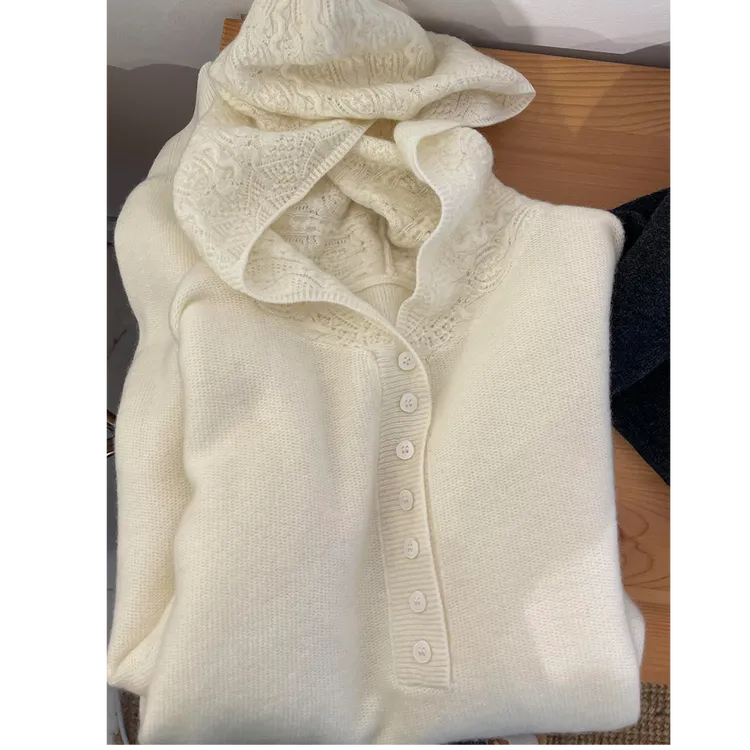 镂空钩花白色连帽针织打底衫女秋冬季高级感毛衣内搭帽衫上衣