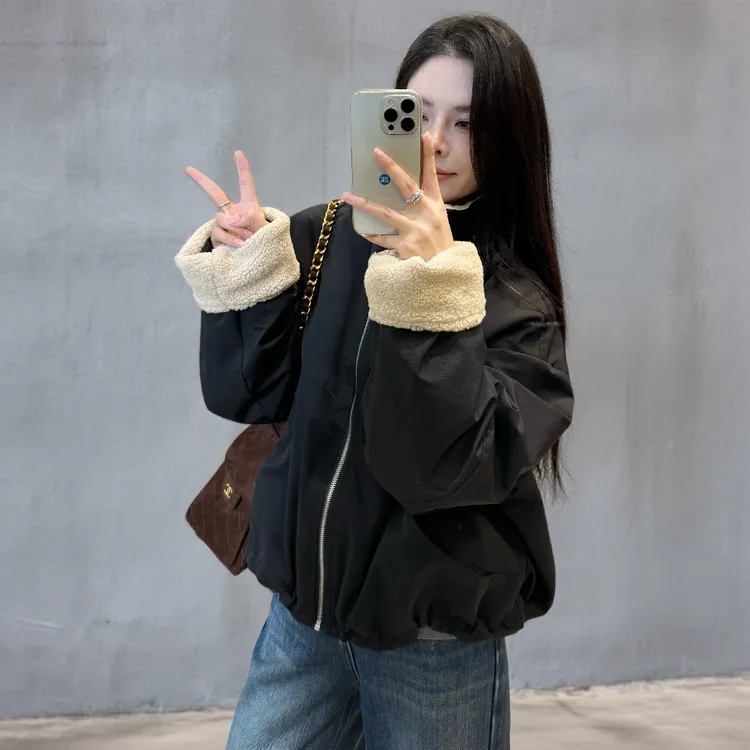 宿慕SUMU立领双拉链加绒加厚外套2025冬季新款宽松休闲上衣女9009