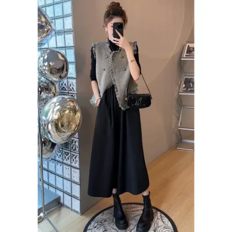 法式小香风马甲连衣裙两件套2025秋季新款大码胖MM高级感时髦套装