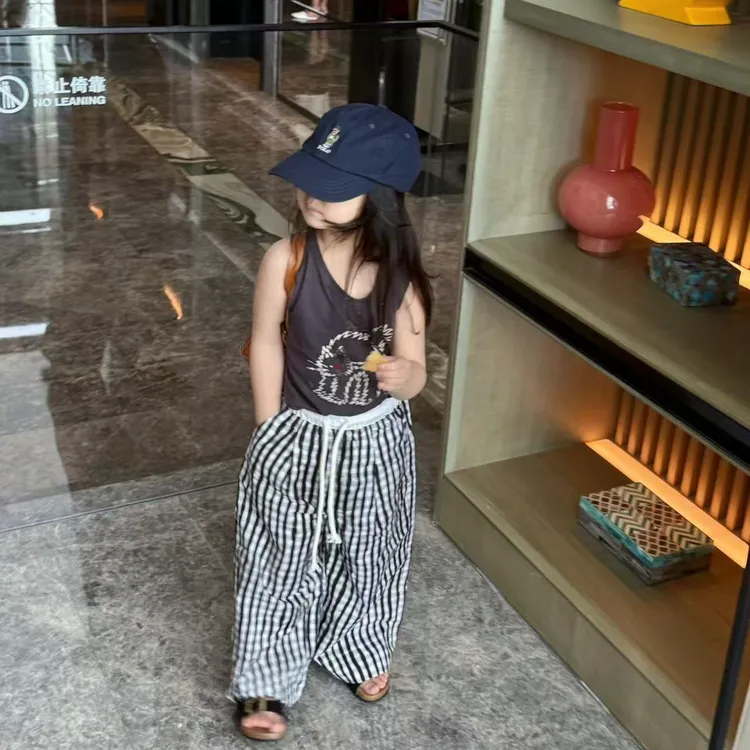 壹妈韩范童装女童时髦套装夏季新款洋气女宝潮酷灰色背心格子长裤