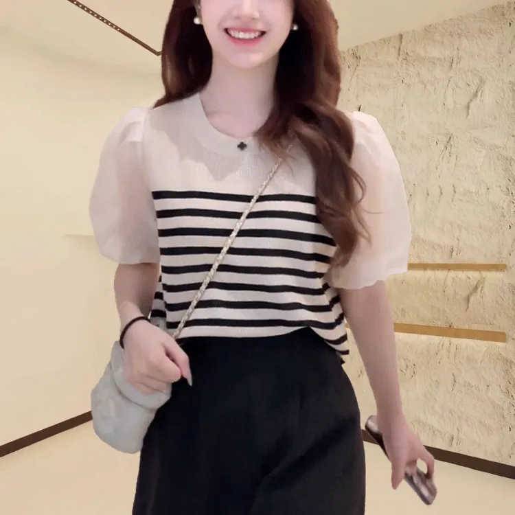 夏季冰丝薄款短袖t恤女小个子2025新款泡泡袖洋气小衫百搭上衣服