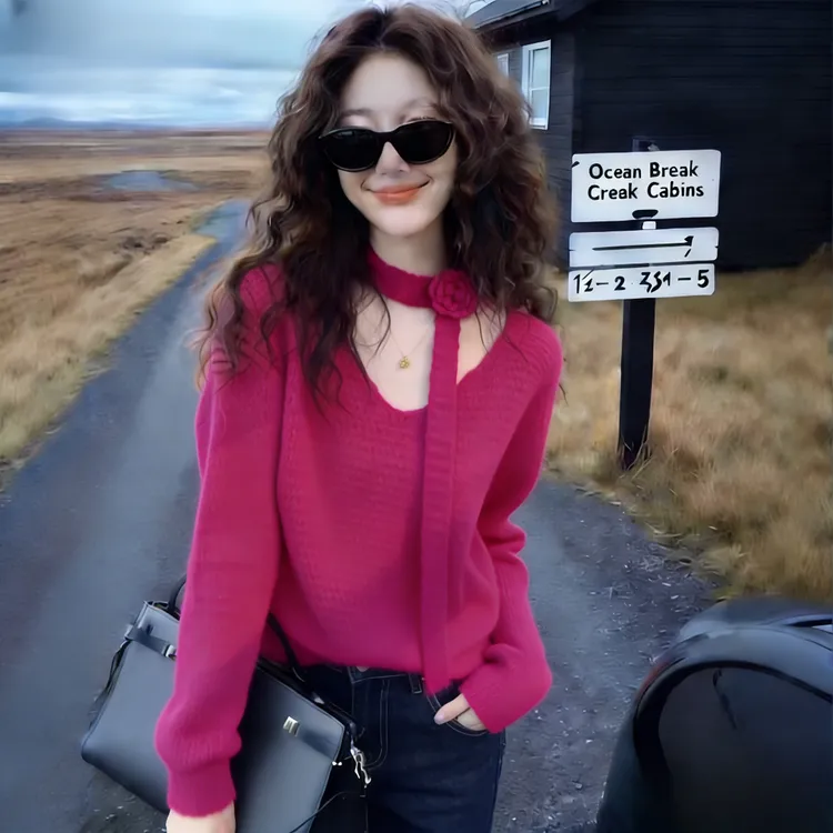 玫红色立体钩花围脖V领毛衣女装2025新款冬季绝美巨好看的针织衫