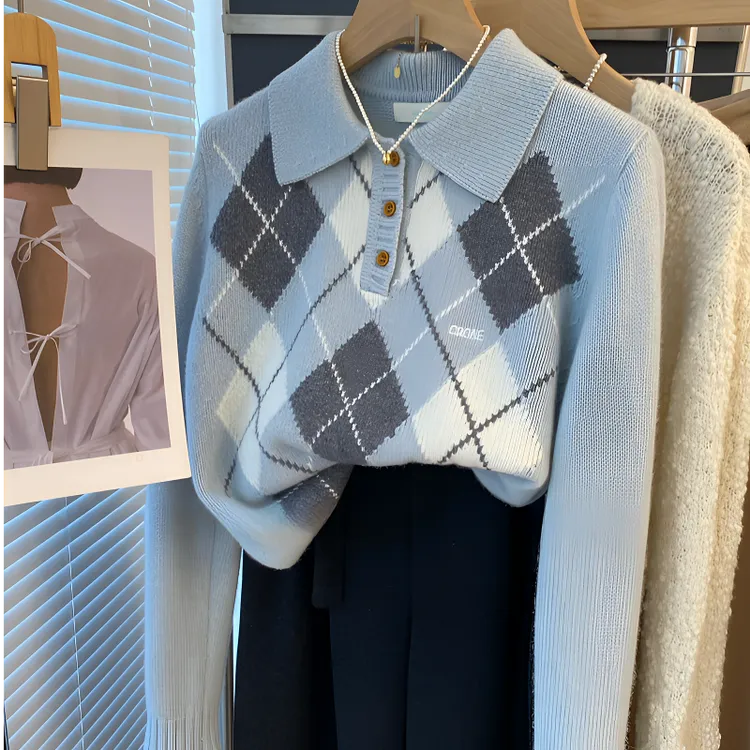 韩版复古范甜美拼色格子翻领软糯针织女秋冬新款宽松显瘦毛衣上衣
