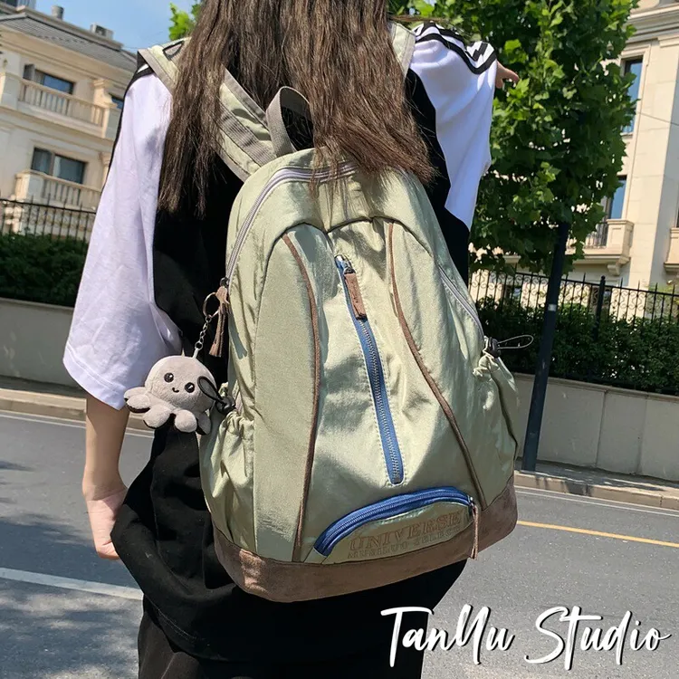 探屿美式复古书包女大学生时尚初中生大容量双肩包轻便旅行背包潮