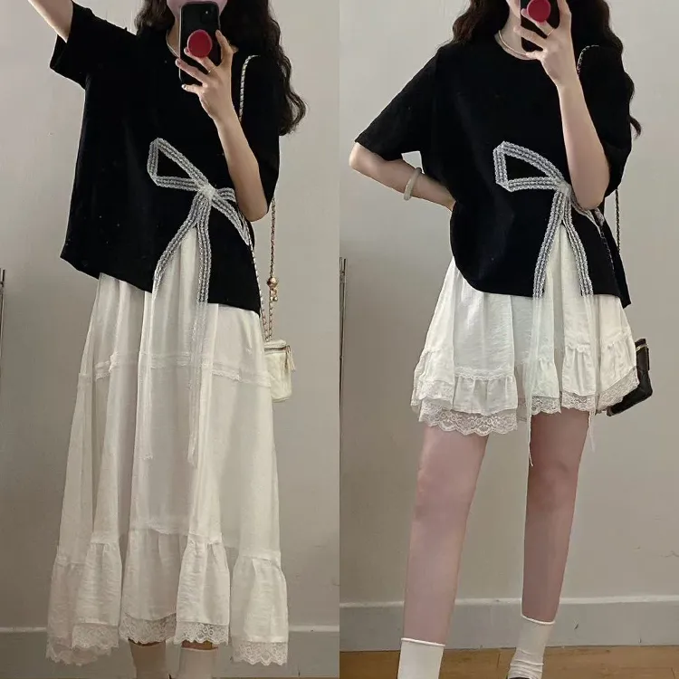 大码法式高级感蝴蝶结正肩T恤连衣裙女夏季胖mm显瘦一整套装裙子