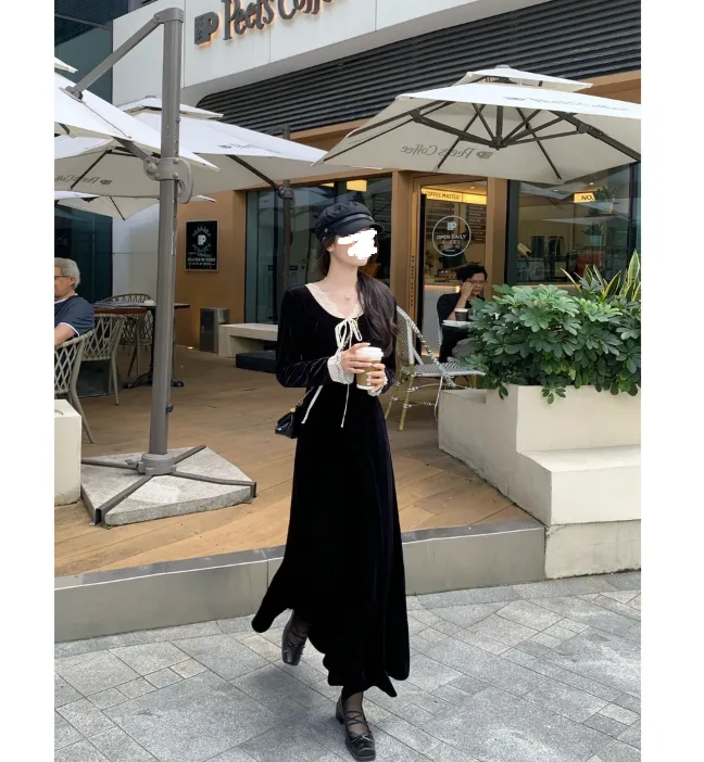 【尽显优雅】小个子女秋流光风百搭老钱气质长款丝绒连衣裙3426#