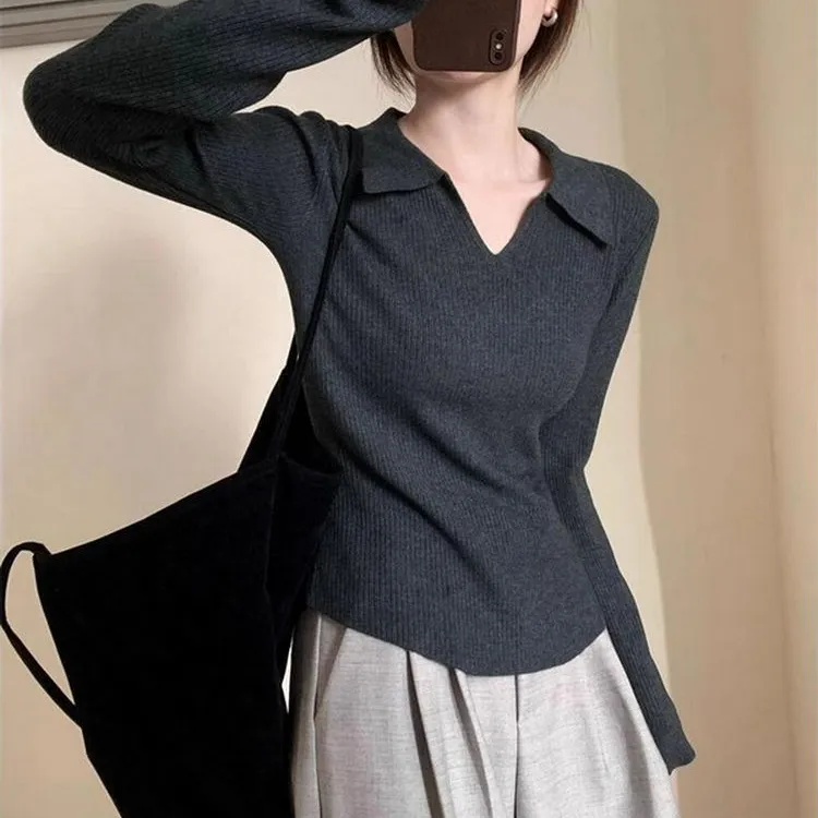 polo领针织衫女2025秋季新款翻领内搭毛衣修身秋冬v领上衣打底衫
