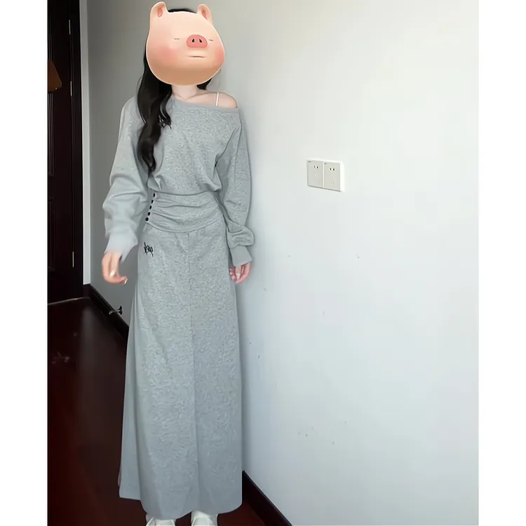 早春韩系小众时尚露肩收腰上衣春季设计感高腰显瘦休闲半身裙套装