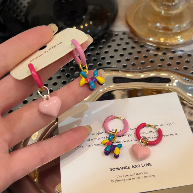 铜合金耳饰 韩国东大门彩色滴釉爱心气球狗耳扣甜美少女心耳环