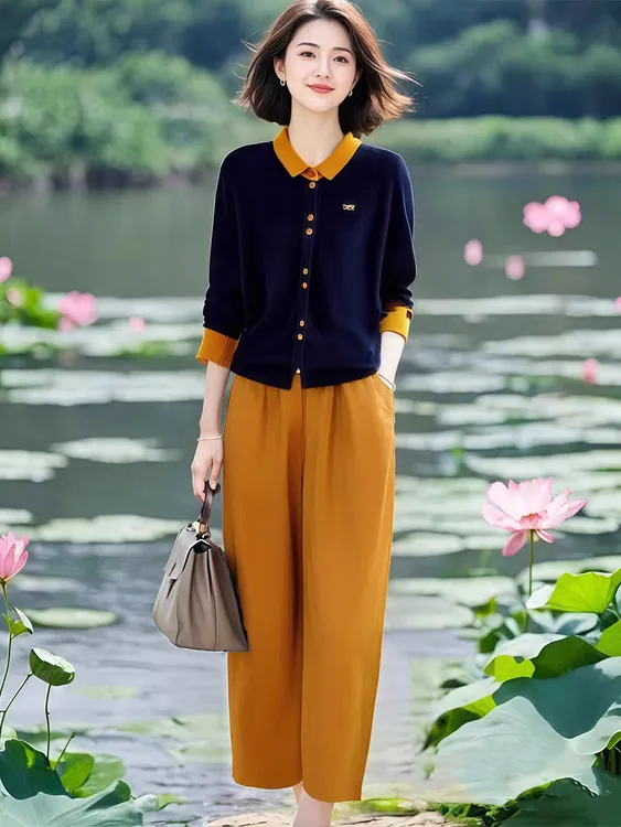 设计感中国风减龄撞色翻领上衣+松紧腰九分裤时尚套装2025秋女