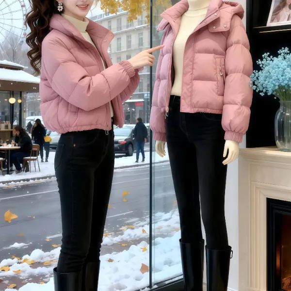 小个子粉色连帽棉服外套女士冬装2025新款夹棉加厚保暖棉衣面包服