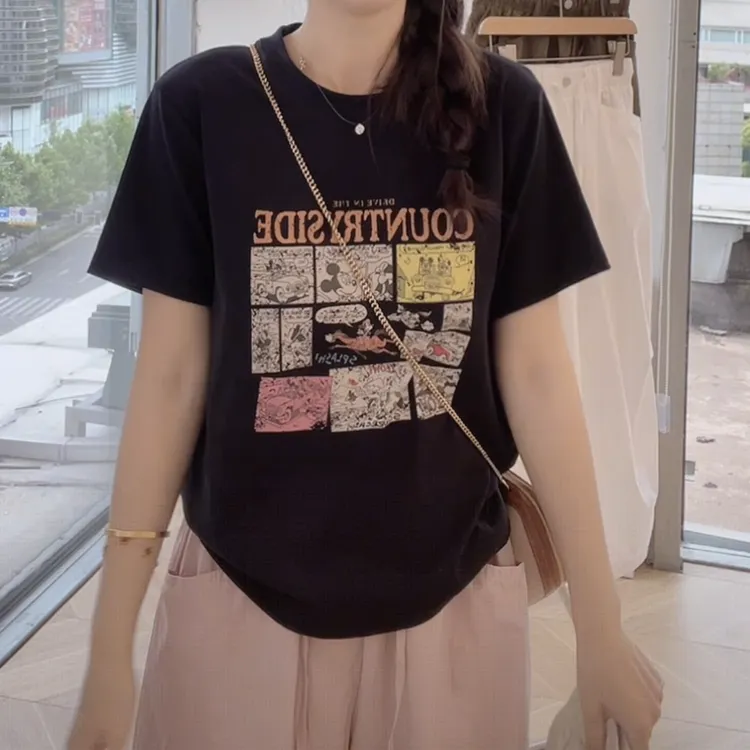 时尚百搭卡通漫画字母印花圆领短袖T恤2025夏季新款休闲复古上衣