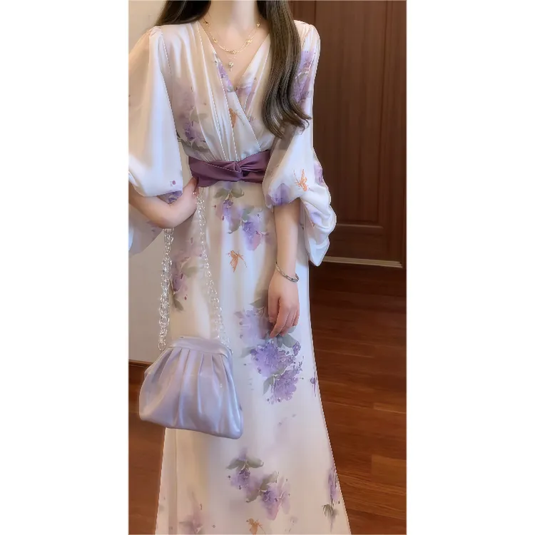 【墨染紫梦】秋季氛围感神明少女碎花连衣裙收腰显瘦气质长裙9771