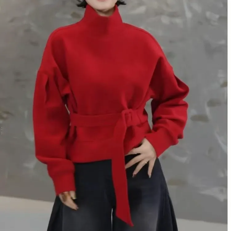 半高领加绒腰带收腰松紧廓形卫衣女2025冬季新款百搭套头长袖上衣