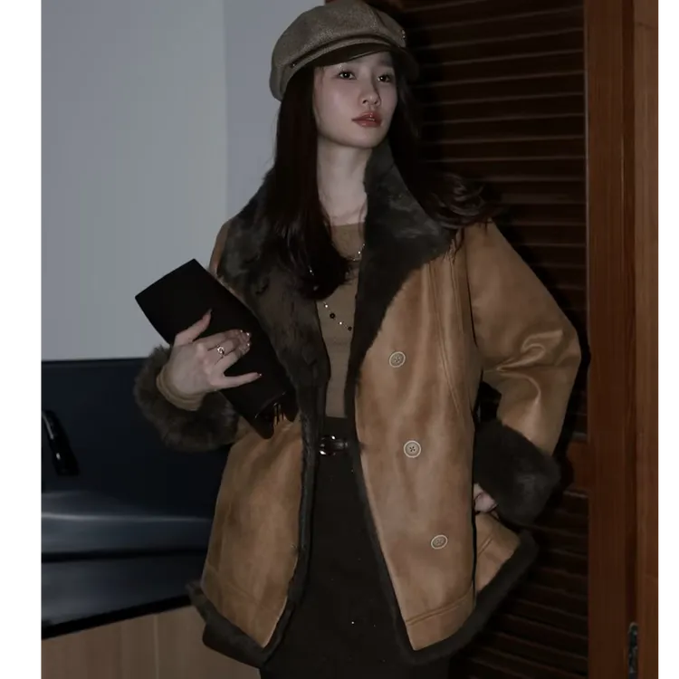 HELA AOMI “肉桂暖绒”兔毛100%毛领派克服复古风皮草CY5DM25198