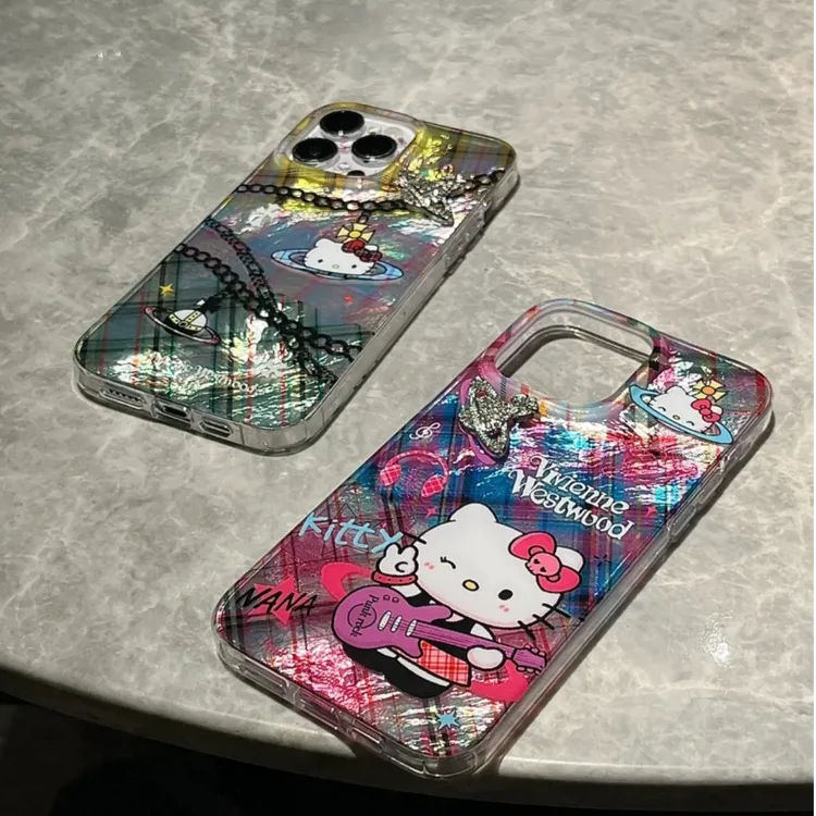 甜酷拼接格纹土星凯蒂猫冰川手机壳适用苹果华为/oppo/vivo小米