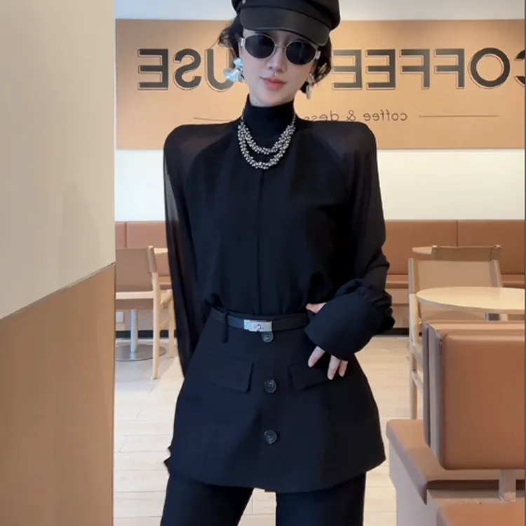 XIAOBAI 黑色设计感长袖秋季新款显瘦气质薄款酷飒风薄款女士上衣