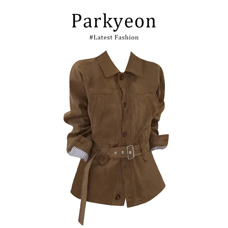 parkyeon复古翻领单排扣腰带收腰外套女秋季质感绒皮显瘦开衫上衣