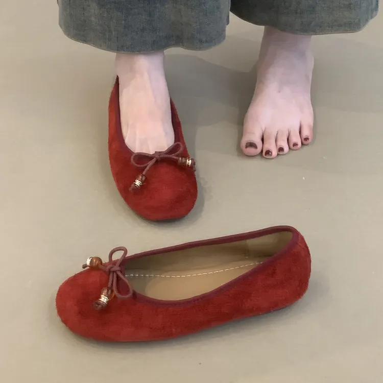 YLC-2369-3韩国牛皮小单鞋女2025年新款复古磨砂真皮圆头平底