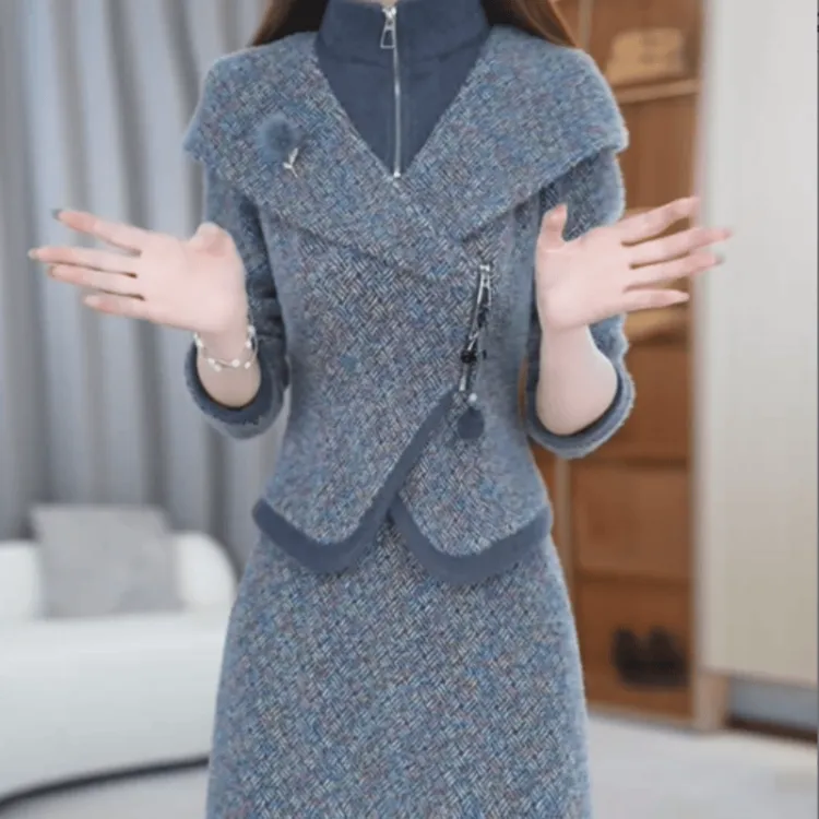  C101【上衣+半身裙】2025冬季新款加绒加厚保暖显瘦高级感套装裙