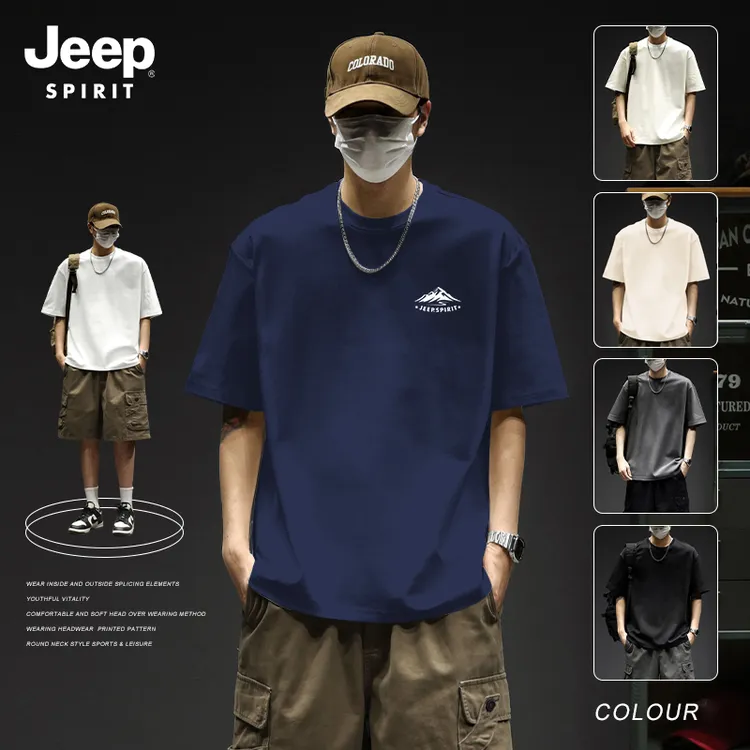 jeep吉普藏青色男款纯棉短袖t恤2025新款夏季简约山系时尚半袖衣