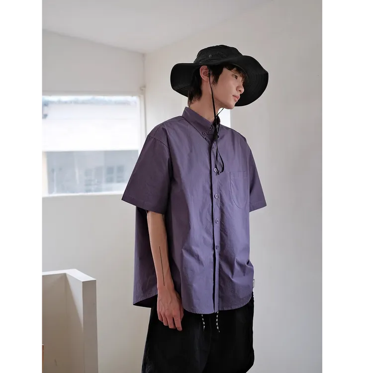 美式简约痞帅翻领短袖衬衫男女少年感口袋工装衬衣外套宽松休闲