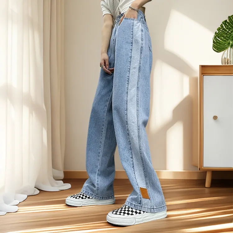 无弹春秋阔腿裤长裤女牛仔裤显瘦百搭深蓝直筒女裤高腰休闲9890