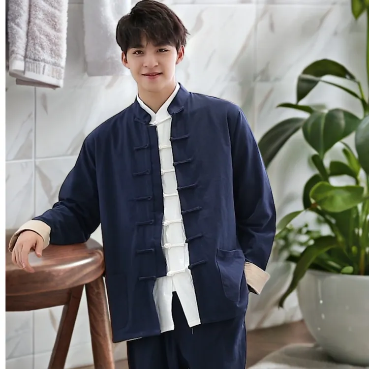 中国风男装唐装新中式棉麻禅修服长袖三件套民族服装男汉服居士服