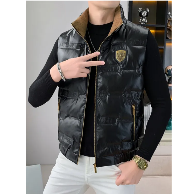怀勤桑顿冬季欧货立领羽绒服马甲男士亮面字母潮流保暖青年背心