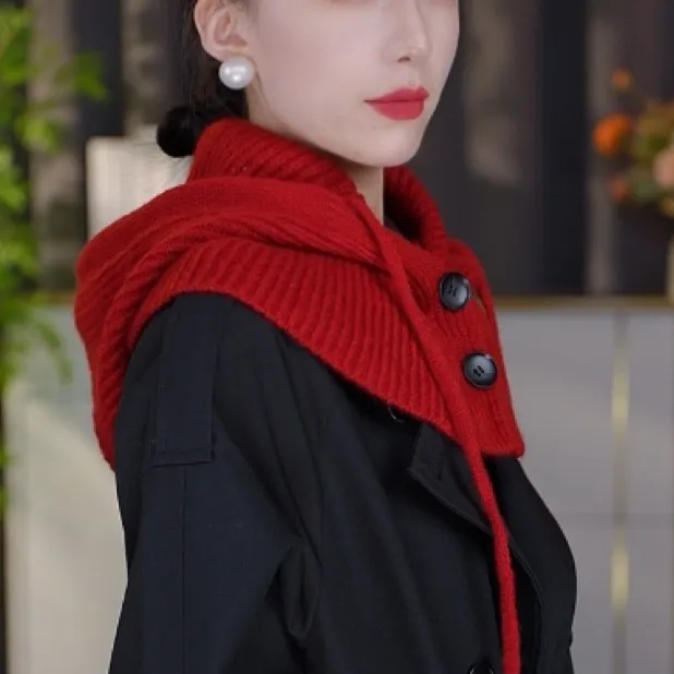2025新款拉法帽安哥拉红色帽子围脖一体围巾保暖柔软抽绳收口围脖