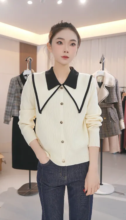 娃娃领打底衫女春秋高级感内搭毛衣小香风撞色减龄感针织衫A623