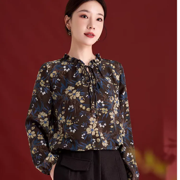 轻奢真丝双绉印花衬衫女气质木耳边领系带妈妈显瘦桑蚕丝长袖上衣