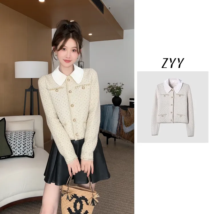 ZYY【皓月当空】2025S/S新品羊毛混纺烫钻香风针织衫X25DMZZS04590