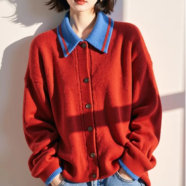 独特超好看红蓝撞色毛衣开衫女2025新款外套慵懒宽松显瘦针织上衣