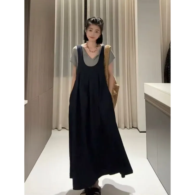 夏季新款休闲气质百搭蓝色背心裙灰色短袖孕妇显瘦时尚款黑色套装