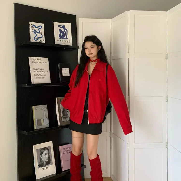 美式复古红色外套女春秋2025新款哈灵顿工装翻领情侣夹克休闲上衣