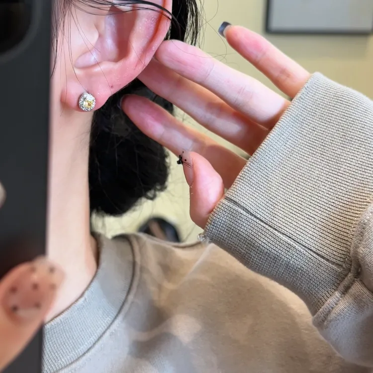 H656 黄色方糖耳钉复古法式小众简约