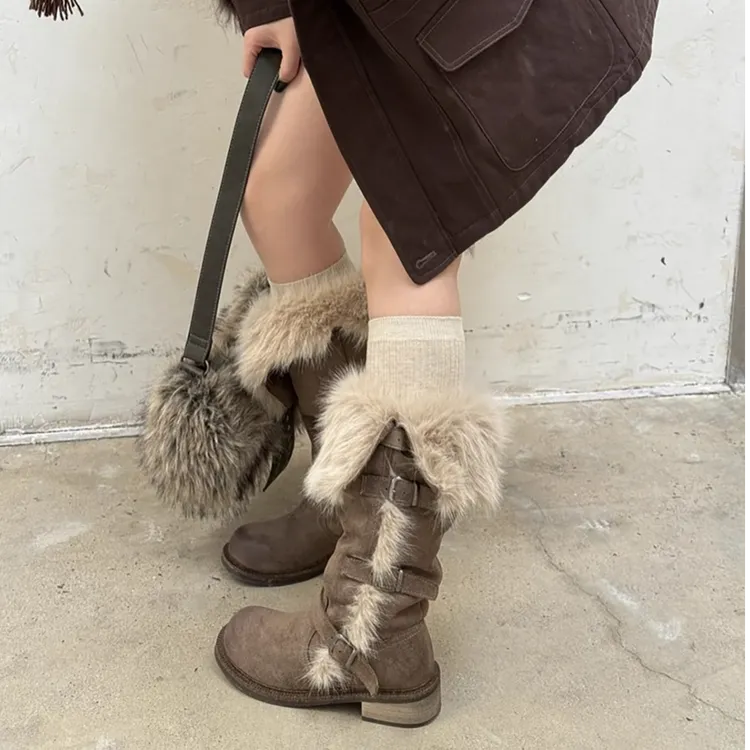 暮四 秋冬新品俄式野性长筒靴长毛保暖百搭加绒长靴毛毛雪地靴女