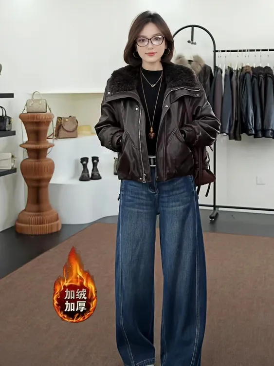 【免费试穿】加绒加棉加厚2025过冬新款时尚气质大翻领/女士皮衣
