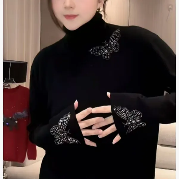 【835】2025冬季新款烫钻小香风半高领衫时尚宽松显瘦打底针织衫女