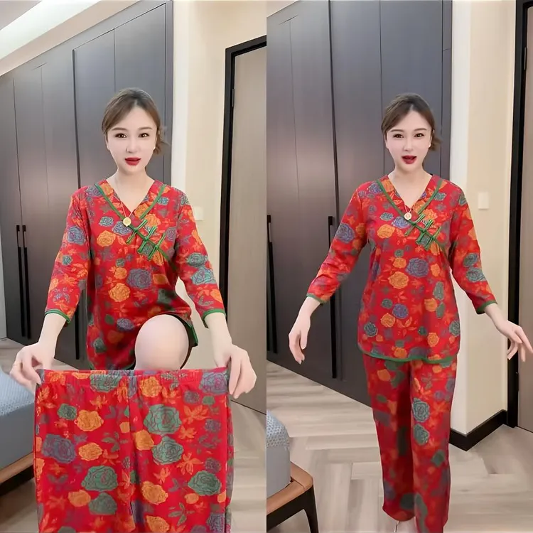 网红爆款德绒家居服睡衣套装国风玫瑰花宽松舒适可外穿碎花打底
