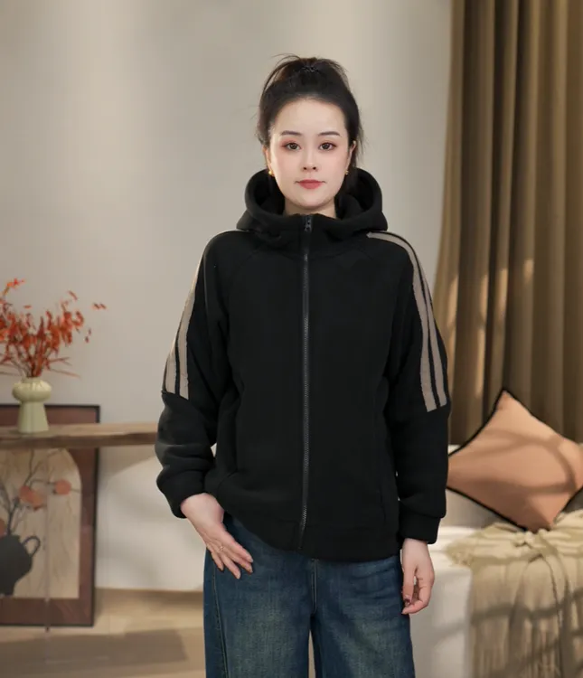 【沐沐】冬季加绒加厚时尚休闲百搭防风拼条双面奥利绒连帽外套