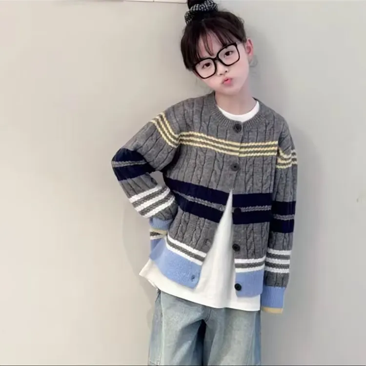 女童毛衣开衫春秋2025新款儿童洋气针织外套女孩秋装拼色韩范上衣