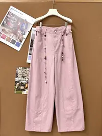 【ZHEN】75CK649 美式洗水做旧散珠腰带直筒休闲裤